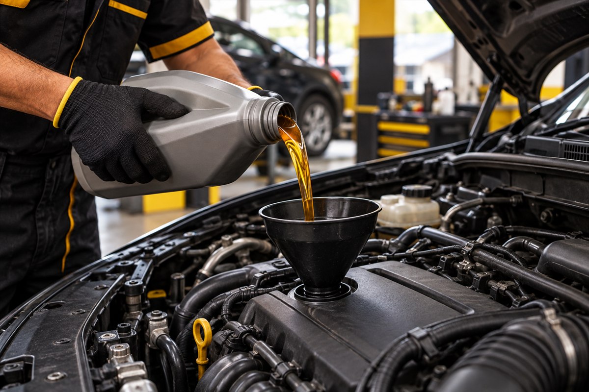 Técnico de OMG Serviteca vertiendo aceite limpio con un embudo en el motor de un vehículo