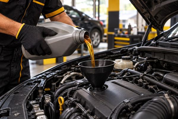 Técnico de OMG Serviteca vertiendo aceite limpio con un embudo en el motor de un vehículo