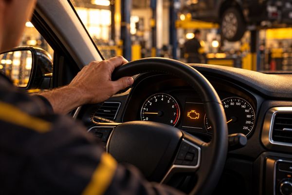 Tablero de un vehículo con el testigo ámbar del motor encendido y una mano sobre el volante
