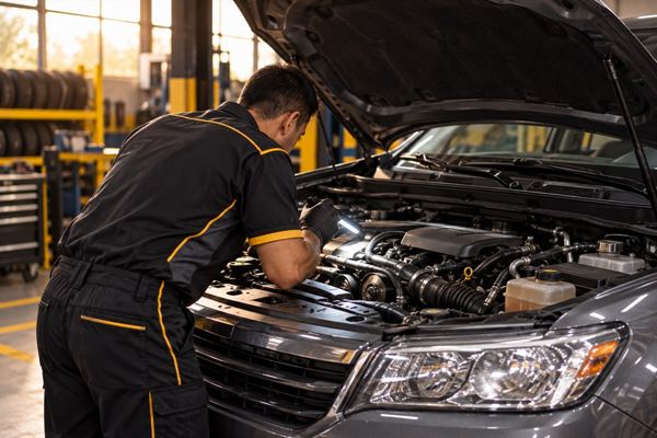 Técnico de OMG Serviteca inspeccionando con linterna el compartimento del motor de un vehículo