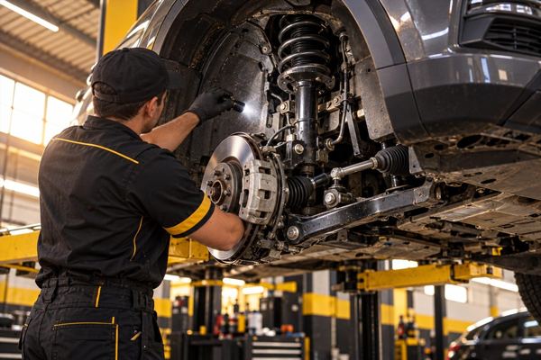 Técnico de OMG Serviteca revisando con linterna el amortiguador, el resorte y la dirección de un vehículo elevado